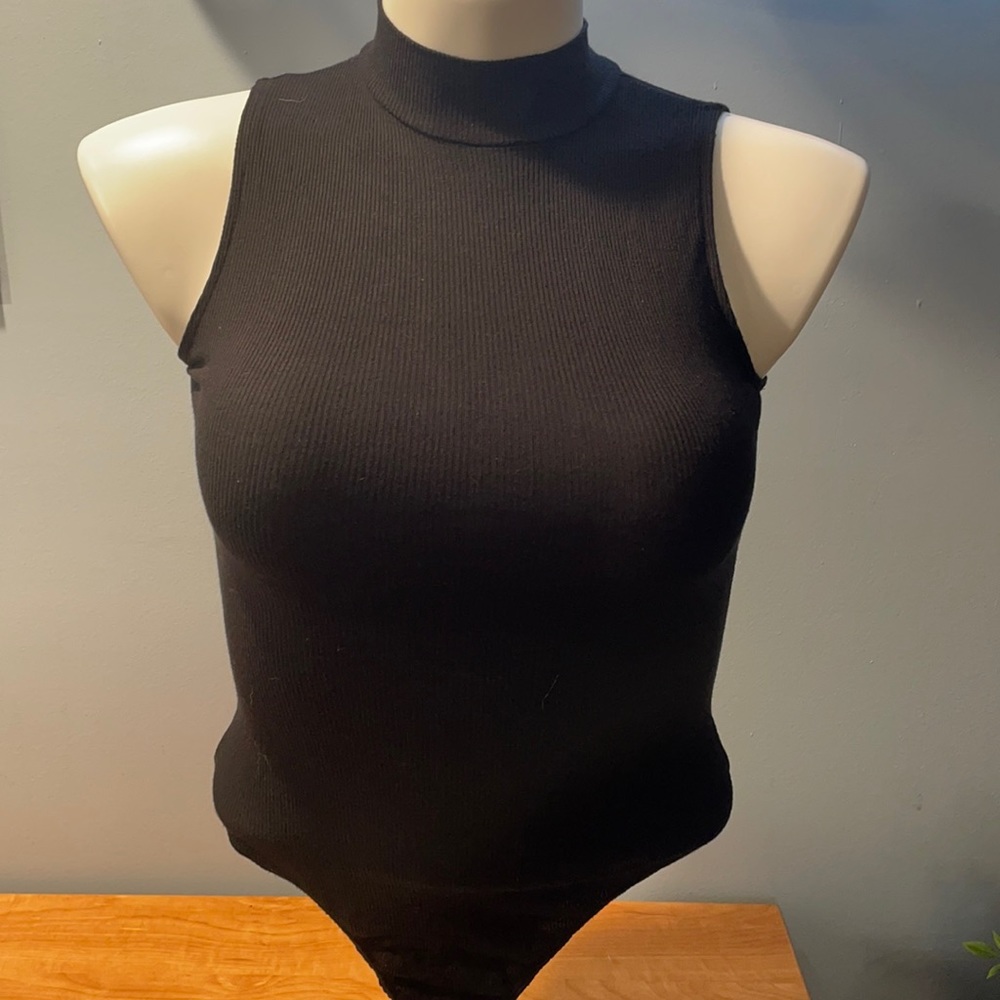 Black mock neck bodysuit ribbed